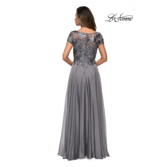 LA FEMME NEW $378 Lace Bodice Floor Length Evening Gown in Platinum Size 18 - Picture 2 of 4
